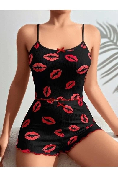 Askılı Siyah Dudak Desenli Şortlu Pijama Takımı Ruselin 5057
