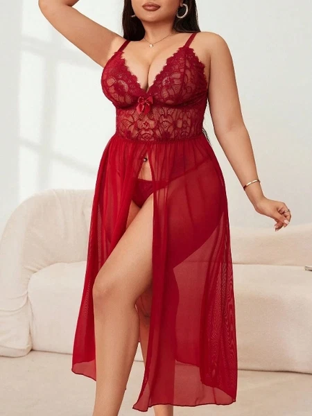 Battal Beden Dantel Uzun Tül Fantazi Gecelik Beleng 5416