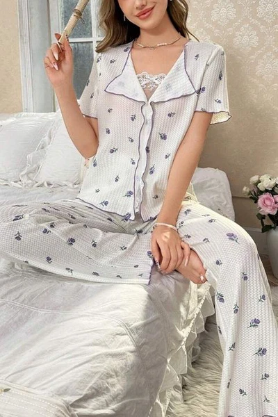 Kısa Kollu Lale Desenli Romantik Pijama Takımı Bella Notte 7335