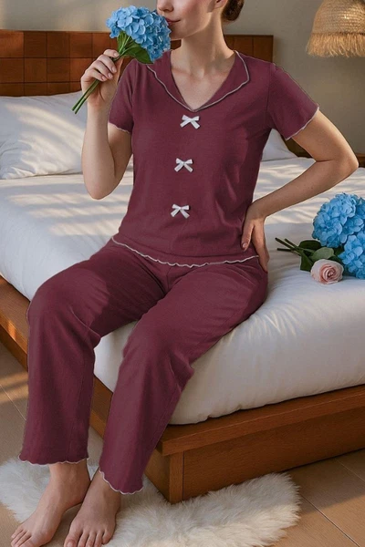 Bordo Kısa Kollu Fiyonk Detaylı Pamuklu Pijama Takımı Bella Notte 7349