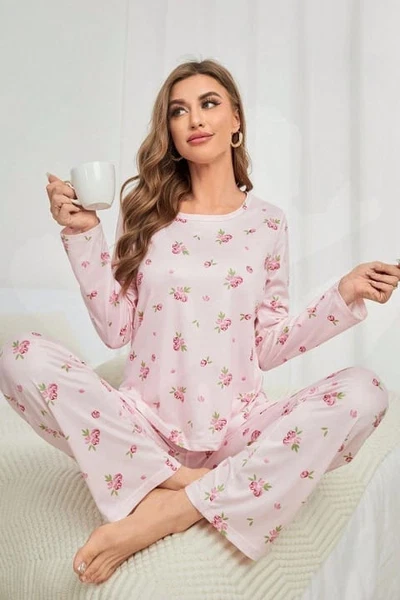 Pembe Çiçek Desenli Bisiklet Yaka Pijama Takımı Bella Notte 7131