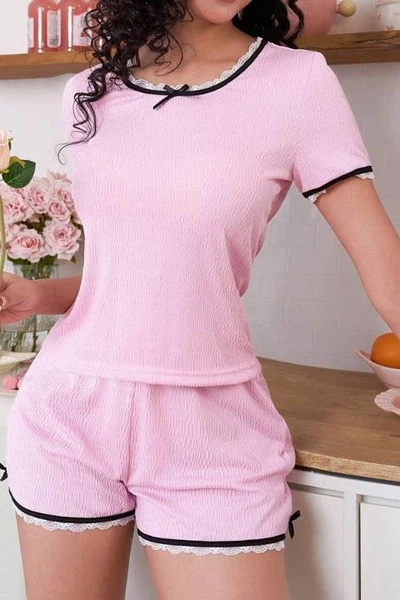 Dantel Kenarlı Kısa Kollu Pembe Şort Pijama Takım Bella Notte 7719