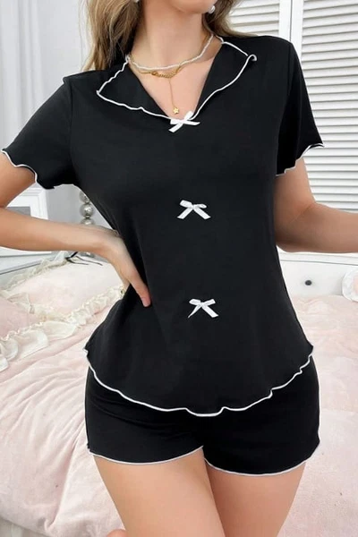 Siyah Pamuklu Beyaz Kurdelalı Şortlu Pijama Takımı Bella Notte 7575