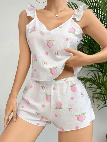 Beyaz Çilek Şort Kadın Pijama Takım Lily Bianca 13108