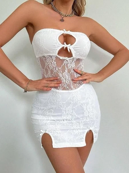 Beyaz Dantelli Transparan Seksi Kadın mini Elbise Ruselin 5081