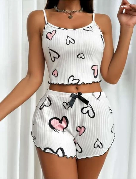 Beyaz Kalp Desenli İp Askılı Yazlık Şortlu Fitilli Kumaş Pijama Takım Real Passione S-16