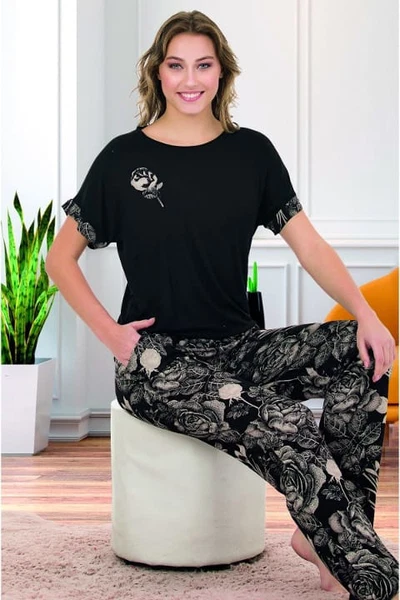 Bisiklet Yaka Viskon Kumaş Çiçek Desenli Kısa Kollu Pijama Takımı Lady 12581