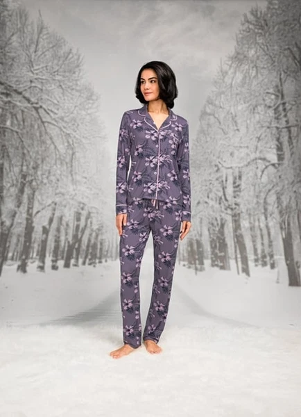 Büyük Beden Biyeli Gömlek Yaka Uzun Kollu Kadın Pijama Takım Doreanse 26K4107P