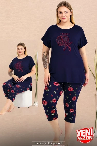 Büyük Beden Çiçek Desenli Bisiklet Yaka Kısa Kollu Kapri Pijama Takımı Lady 10735