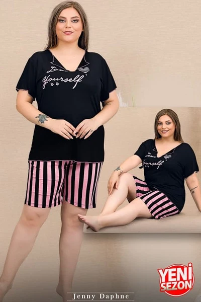 Büyük Beden Çizgili Kısa Kollu V Yaka Şort Pijama Takımı Lady 10427