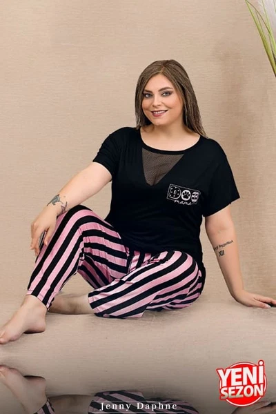 Büyük Beden Çizgili Tül Detaylı Kısa Kollu Pijama Takımı Lady 11000