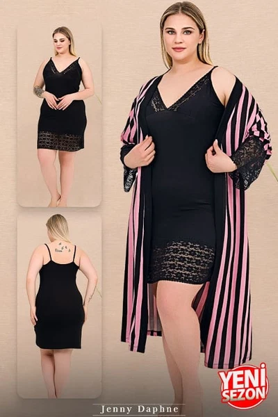 Büyük Beden Çizgili Viskon Askılı Dantelli Sabahlık Gecelik Takım 19239 Lady 19239