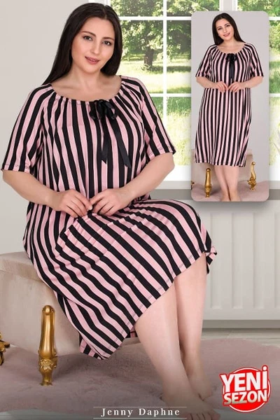 Büyük Beden Çizgili Yakası Kurdelalı Omuzlar Lastikli Tunik Gecelik Lady 8816