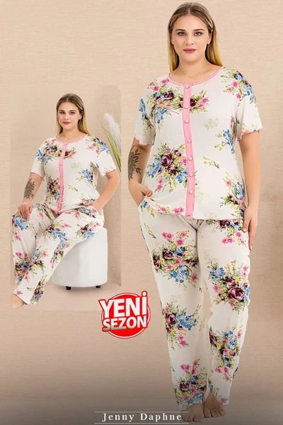 Büyük Beden Gül Desenli Düğmeli Pijama Takımı 11015 Lady 11015