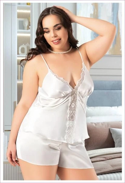 Büyük Beden İnce Askılı Ekru Saten Şort Pijama Takım Miss Laris 4239