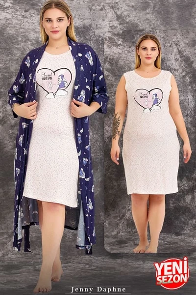 Büyük Beden Lacivert 2li Gecelik ve Sabahlık Takımı Lady 19233