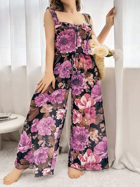 Büyük Beden Pembe Çiçek Desenli Bluz Pantolon Takım Pink Night 6958