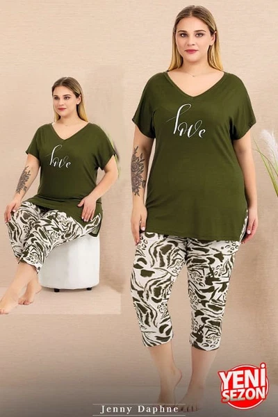 Büyük Beden Yeşil Desenli Kısa Kollu Kapri Pijama Takımı Lady 10715