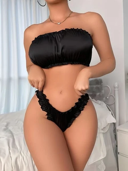 Büzgülü Siyah Trend Alt Üst Fantezi Kadın Sütyen Takım SHE 2113