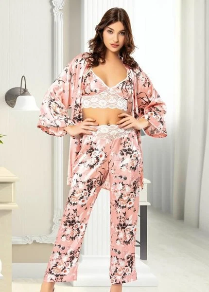 Çiçek Desenli Dantelli Büstiyer Sabahlık Pijama Takım Miss Laris 5023