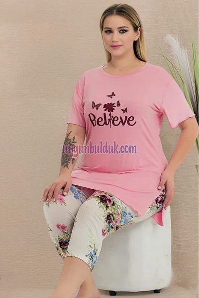 Çiçek Desenli Kadın Kapri Büyük Beden Pijama Takımı Lady 10724