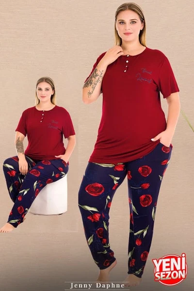 Çiçek Desenli Kırmızı Düğmeli Yaka Büyük Beden Pijama Lady 11001