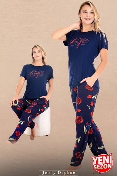 Çiçek Desenli Lacivert Pijama Bisiklet Yaka Kısa Kollu Pijama Takımı Lady 12590