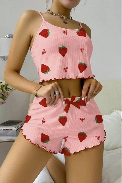 Çilek Desenli Şortlu Pijama Takım Ruselin 5056
