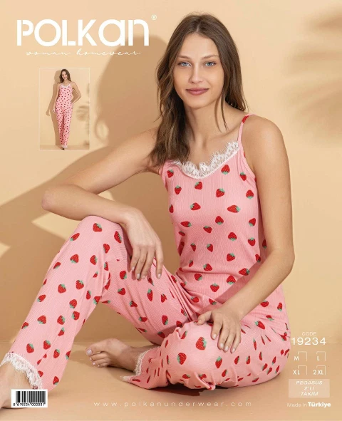 Çilekli Pembe Dantel Askılı Pegasus Pijama Takım Polkan 19234