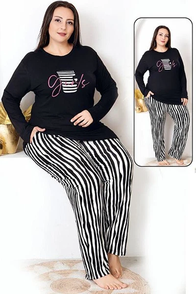 Çizgili Uzun Kollu Büyük Beden Cepli Pijama Takımı Lady 11398