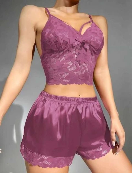 Dantel Büstiyerli Saten Fantazi Mini Şort Takım Real Passione 1128