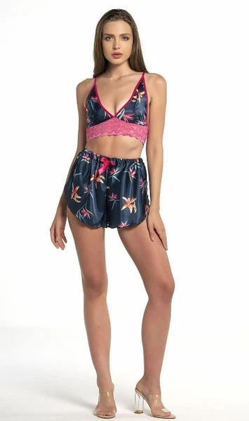 Dantel Detaylı Çiçek Desenli Lacivert Bralet Saten Şortlu Takım Nathalie S-1002