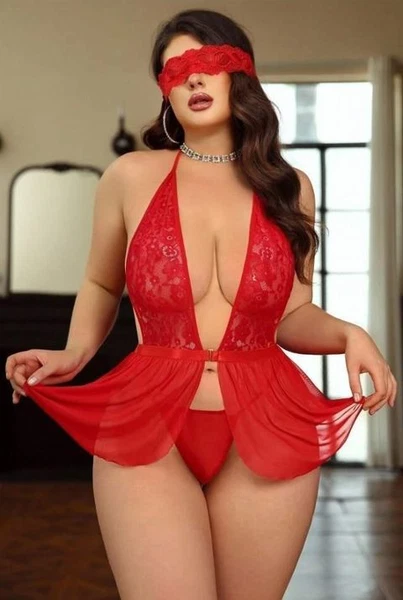 Dantel Göz Bantlı Boyundan Bağlamalı Fantazi Büyük Beden Gecelik Ruselin 8001