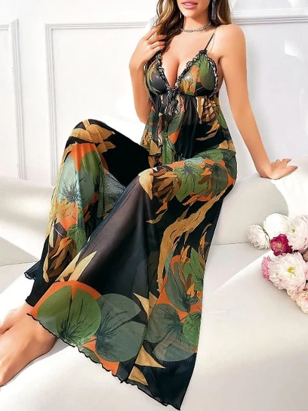 Desenli Siyah Asklı Bluz Pantolon Takım Pink Night 1459