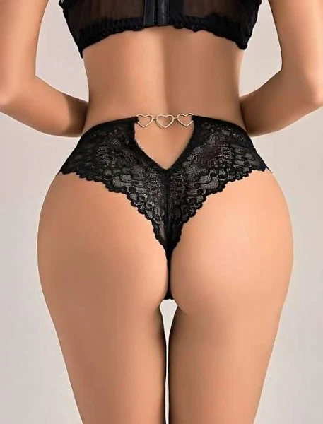 Dantel Siyah Kalp Metal Aksesuarlı Fantazi Külot Real Passione 324