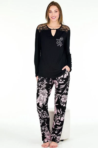 Dantel Yaka Gül Desenli Viskon Uzun Kollu Pijama Takımı Lady 11668