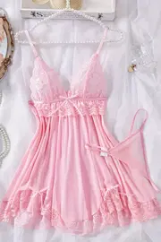 Dantelli Askılı Yumuşacık Tanga ve Gecelik Takım Pembe Merry See MS2380 