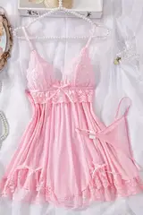 Dantelli Askılı Yumuşacık Tanga ve Gecelik Takım Pembe Merry See MS2380 