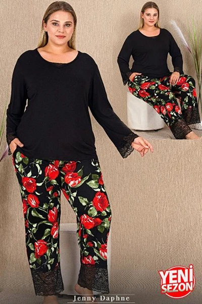 Dantelli Uzun Kollu Büyük Beden Gül Desenli Pijama Takımı Lady 11422