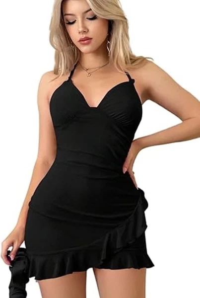 Degajeli Sırt Dekolteli Mini Siyah Elbise Real Passione E1029