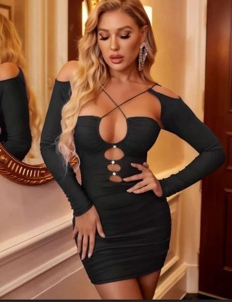 Dekolteli Siyah Mini Club Elbise Real Passione E1036