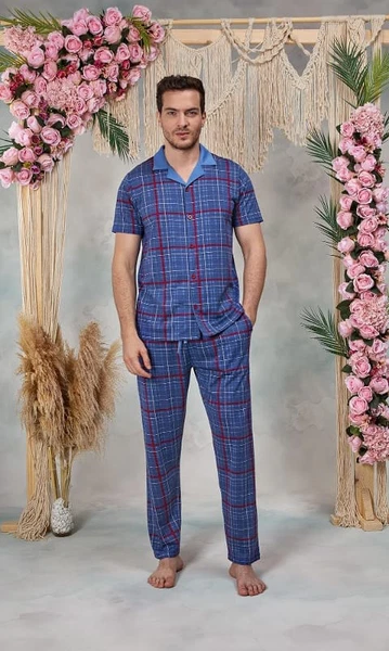 Doreanse Erkek Mavi Kırmızı Ekose Desenli Gömlek T-Shirt Pijama Takımı 25Y4579