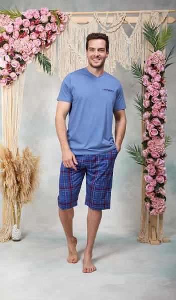 Doreanse Erkek Mavi Kırmızı Ekose Desenli Şort T-Shirt Pijama Takımı 25Y4578