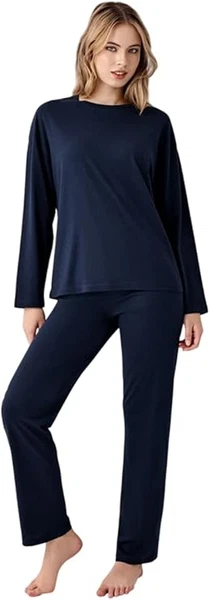 Düz Lacivert Uzun Kollu Yuvarlak Yaka Kadın Pijama Takımı Arnetta AR3407-S
