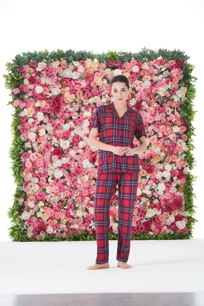 Ekoseli Önden Düğmeli Kısa Kollu Kadın Pijama Takımı Estiva 25176