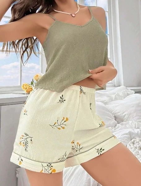 Ekru Çiçek Baskılı Şortlu Kadın Gecelik Pijama Takımı Ruselin 5099