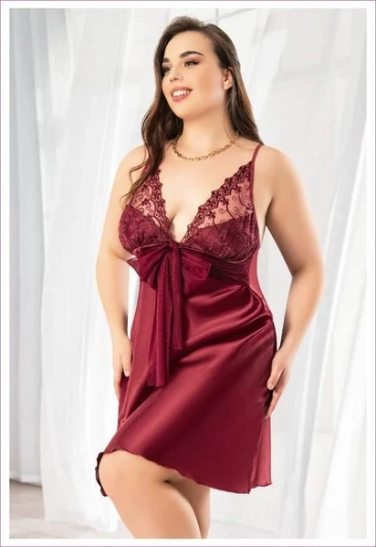 Fiyonklu Dantelli Sırt Dekolteli Saten Büyük Beden Gecelik Miss Laris 4045