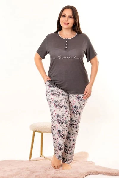 Füme Çiçek Desenli Kadın Kısa Kol Büyük Beden Pijama Takımı Lady 10961