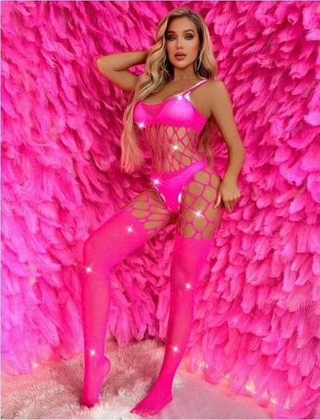 Fuşya Tam Vücut Geniş File Taşlı Kadın Vücut Çorabı Real Passione 31021