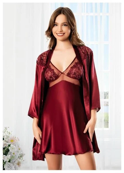 Göğsü Transparan Dantelli İnce Askılı Gecelik Uzun Kollu Saten Sabahlık Takımı Miss Laris 5066